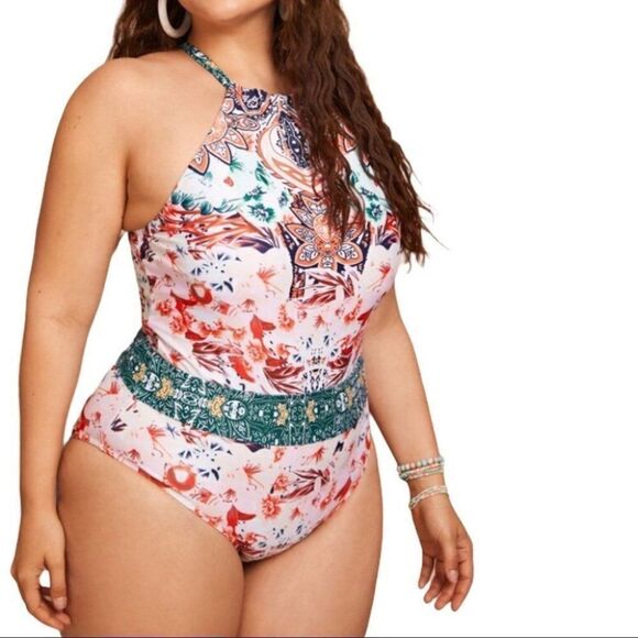 Floral Open Back High Neck‎ One Piece Swimsuit Lace - Picture 5 of 9